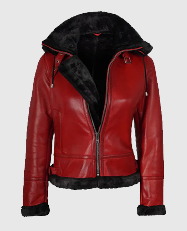 Women's Red Bomber Shearling Leather Jacket with Hood