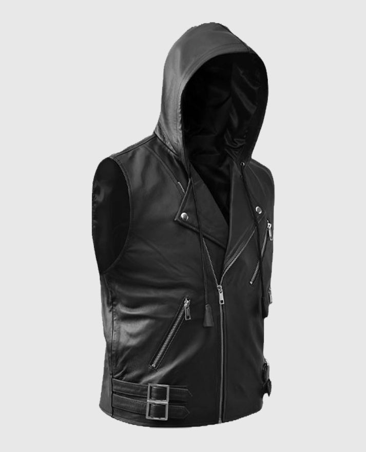 Men's Black Biker Style Leather Hooded Vest