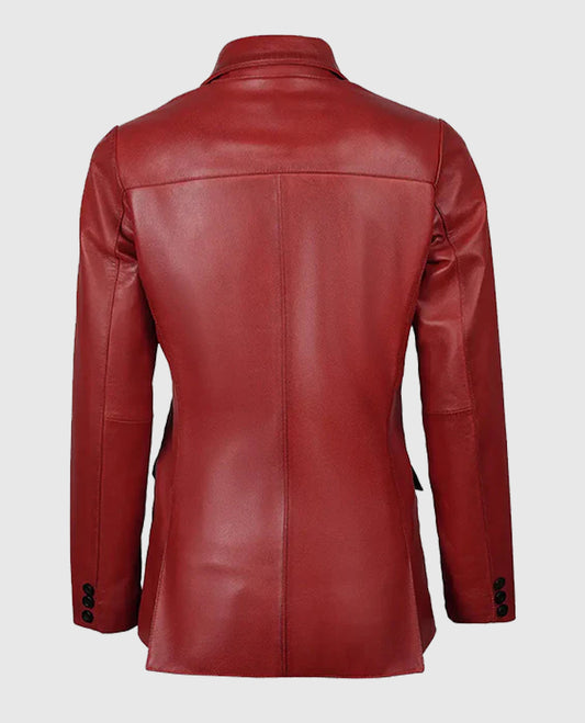 Women's Two Button Red Leather Blazer Jacket