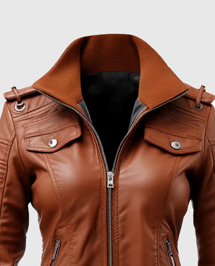 Women's Brown Leather Bomber Jacket