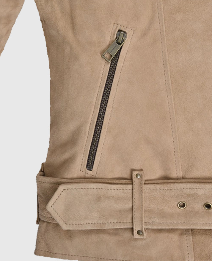 Women's Beige Suede Biker Leather Jacket