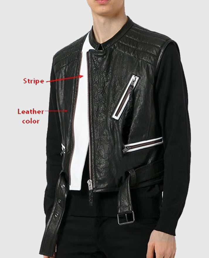 Men's Black Belted Biker Vest with White Highlights