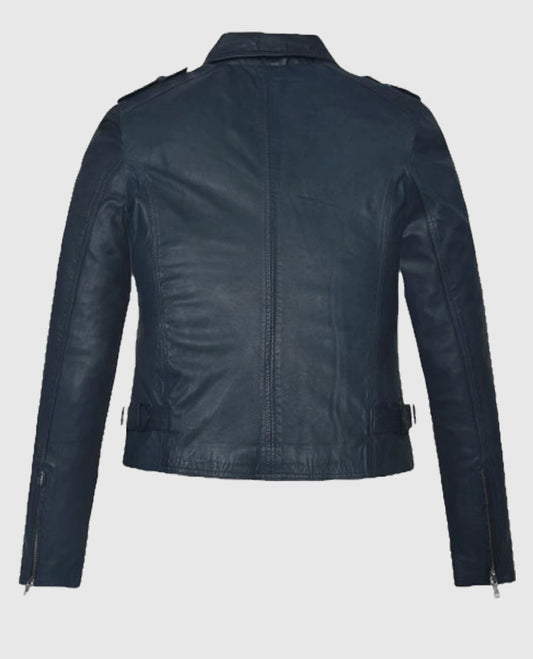 Women's Washed & Wax Biker Leather Blue Jacket
