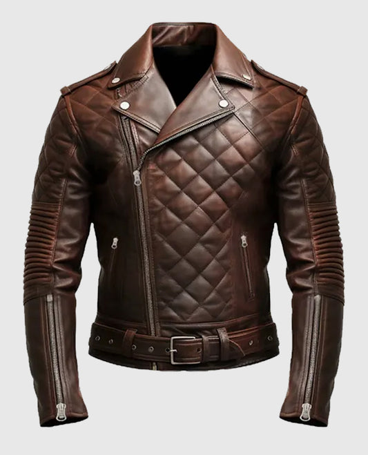Men's Quilted Biker Brown Leather Jacket