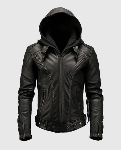 Men’s Black Hooded Leather Jacket
