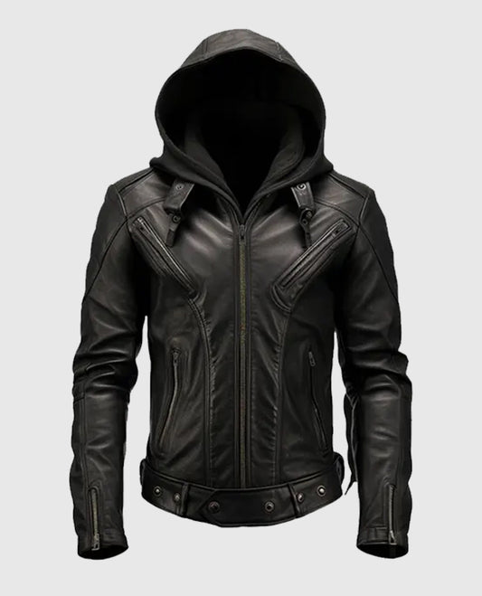 Men’s Black Hooded Leather Jacket