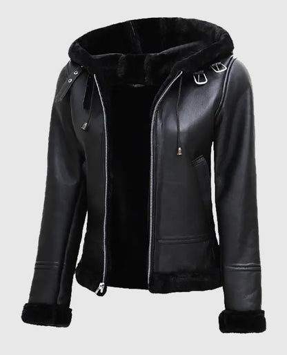 Women's Black Leather Hooded Shearling Jacket