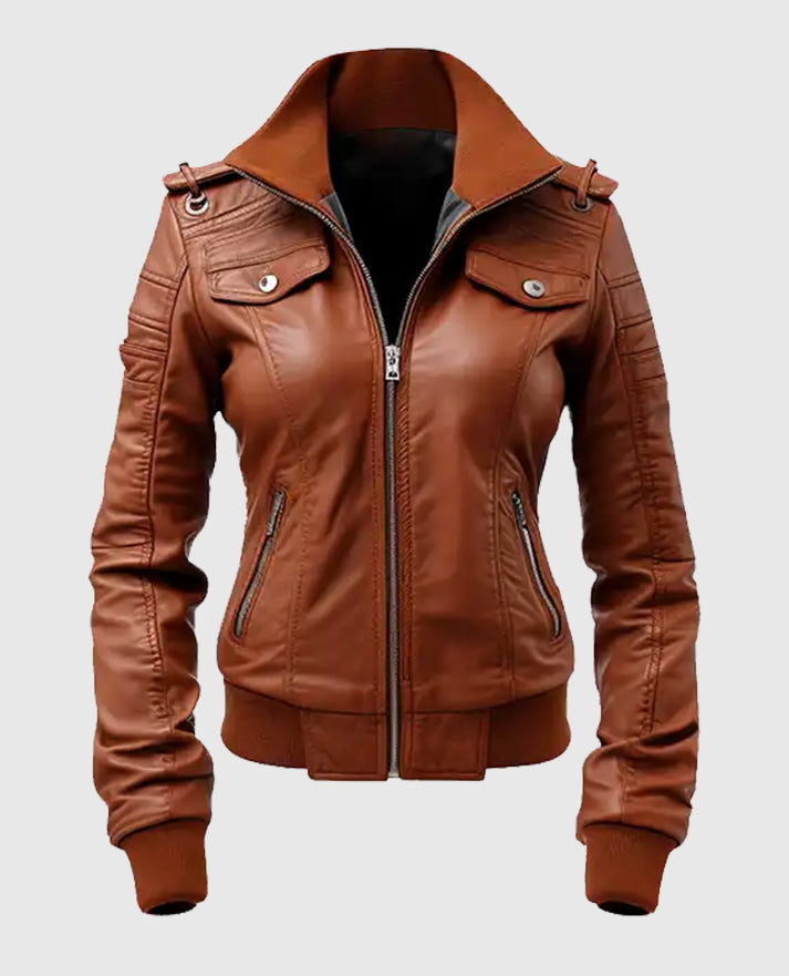 Women's Brown Leather Bomber Jacket