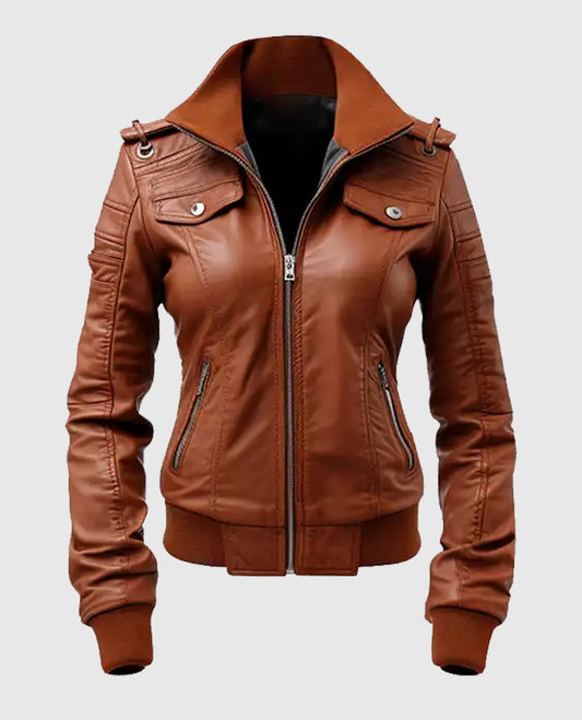 Women's Brown Leather Bomber Jacket