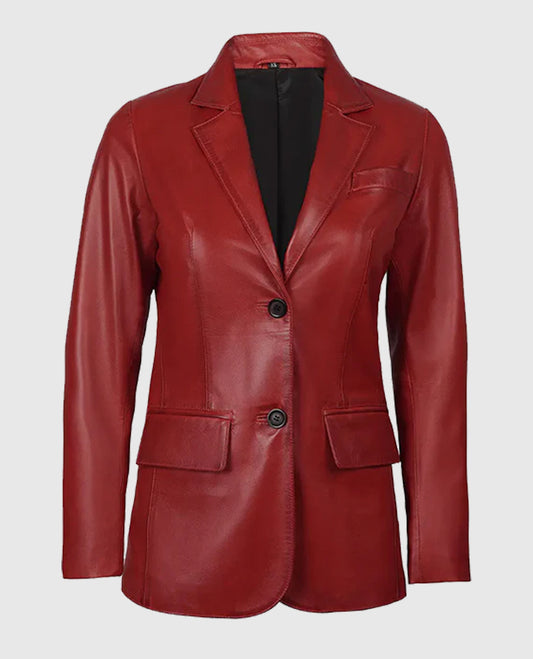 Women's Two Button Red Leather Blazer Jacket