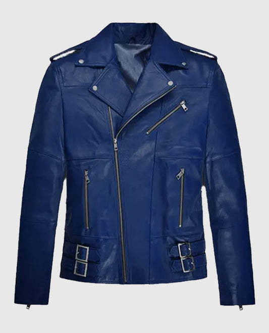 Men's Blue Leather Biker Jacket