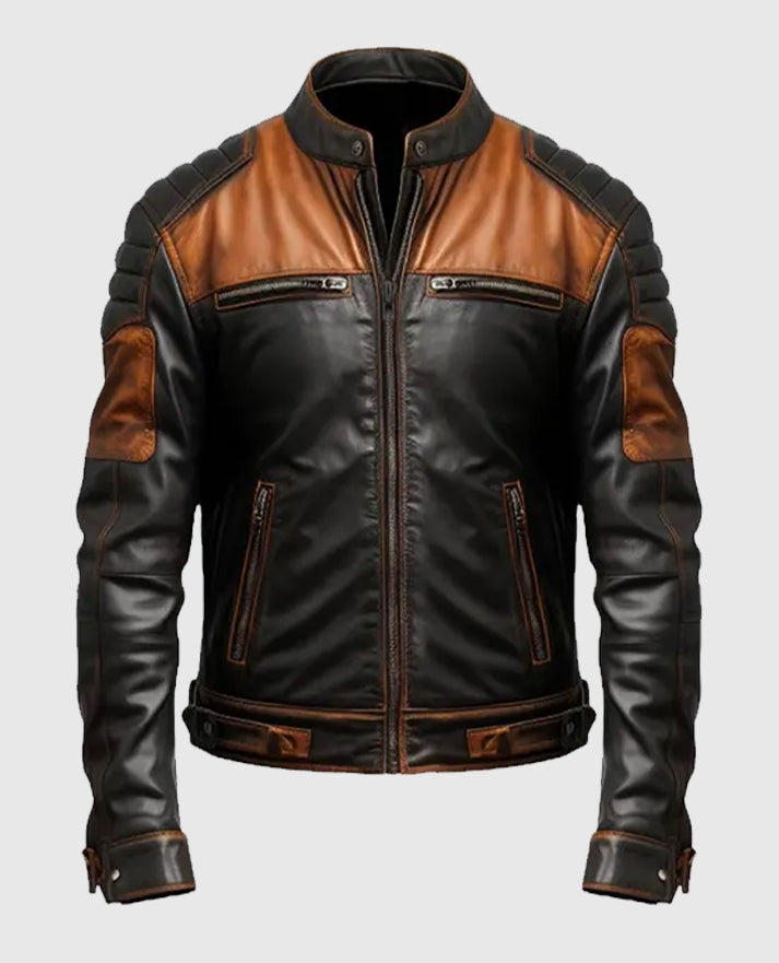 Men's Black & Tan Brown Biker Leather Jacket