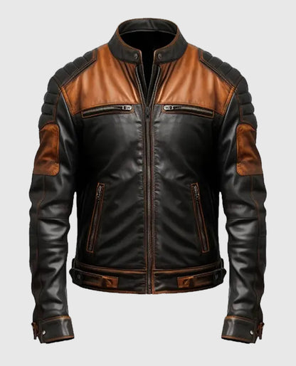 Men's Black & Tan Brown Biker Leather Jacket