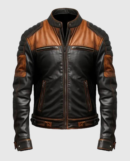 Men's Black & Tan Brown Biker Leather Jacket