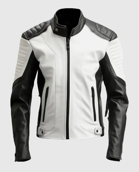 Men's Black White Cafe Racer Leather Jacket