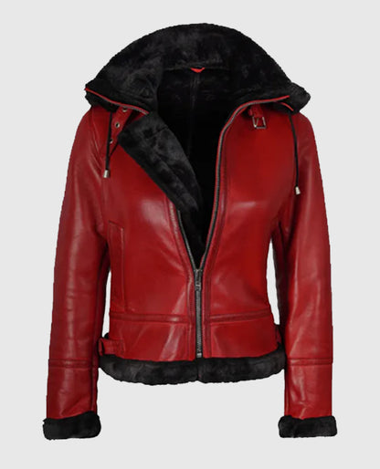Women's Red Bomber Shearling Leather Jacket with Hood