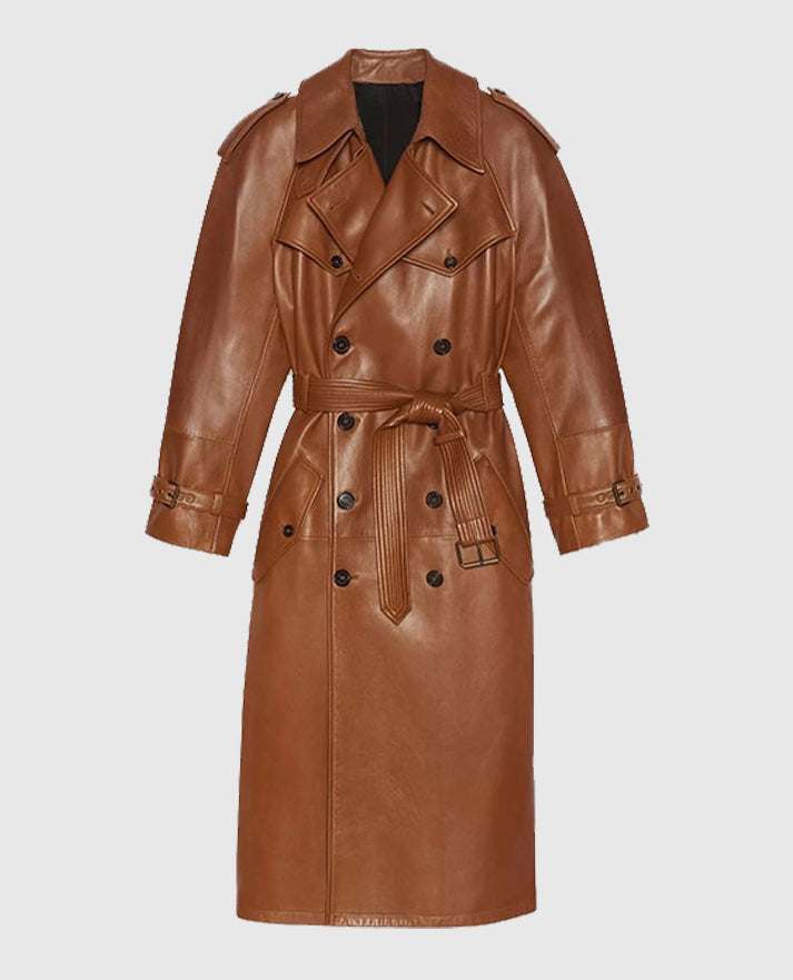 Women's Ivy Double-Breasted Brown Long Leather Coat