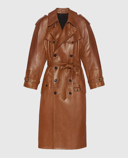 Women's Ivy Double-Breasted Brown Long Leather Coat
