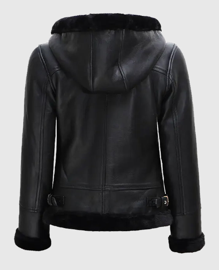 Women's Black Leather Hooded Shearling Jacket - second image