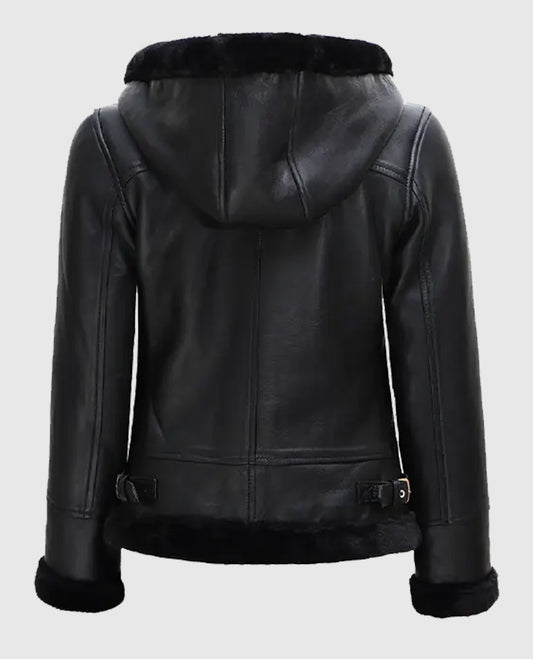 Women's Black Leather Hooded Shearling Jacket