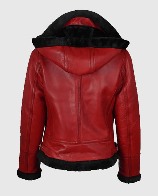 Women's Red Bomber Shearling Leather Jacket with Hood