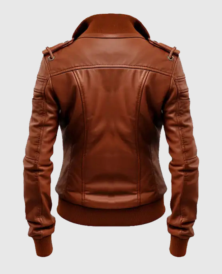 Women's Brown Leather Bomber Jacket - second image