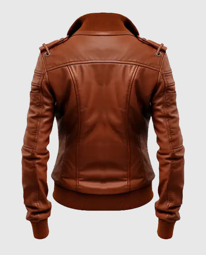 Women's Brown Leather Bomber Jacket