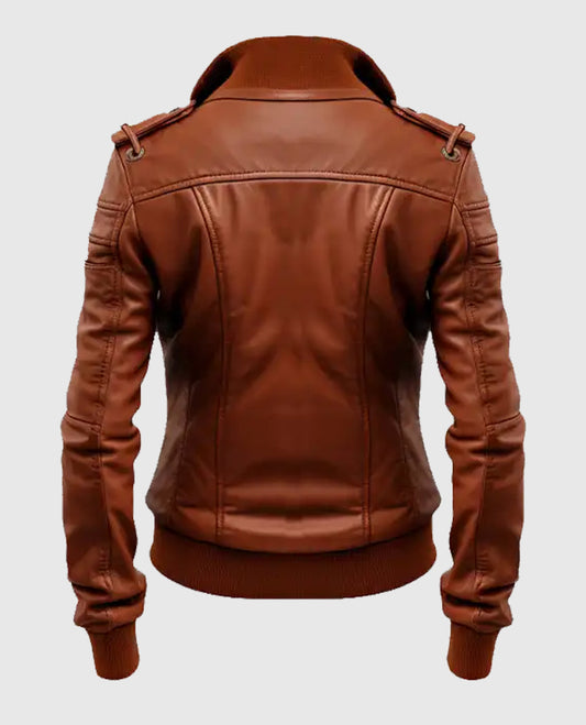 Women's Brown Leather Bomber Jacket