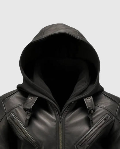 Men’s Black Hooded Leather Jacket