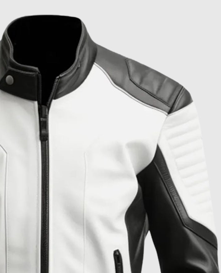 Men's Black White Cafe Racer Leather Jacket