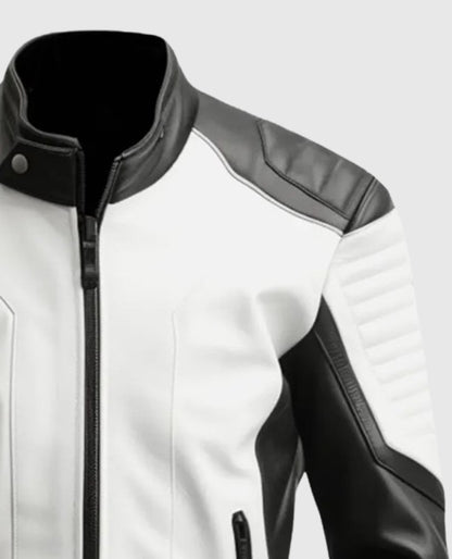 Men's Black White Cafe Racer Leather Jacket