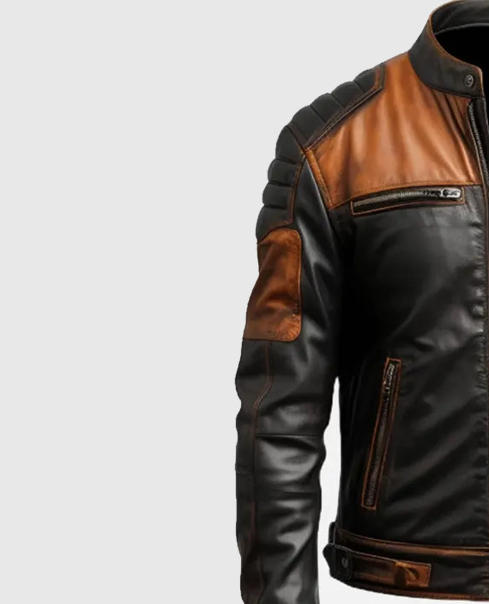 Men's Black & Tan Brown Biker Leather Jacket