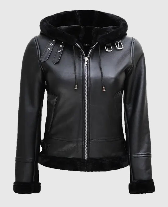Women's Black Leather Hooded Shearling Jacket