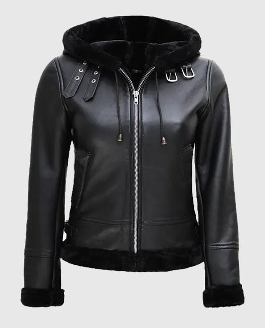 Women's Black Leather Hooded Shearling Jacket