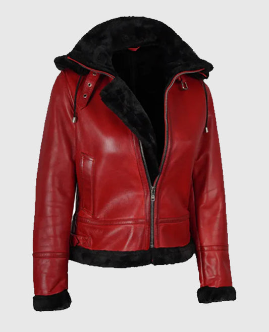 Women's Red Bomber Shearling Leather Jacket with Hood