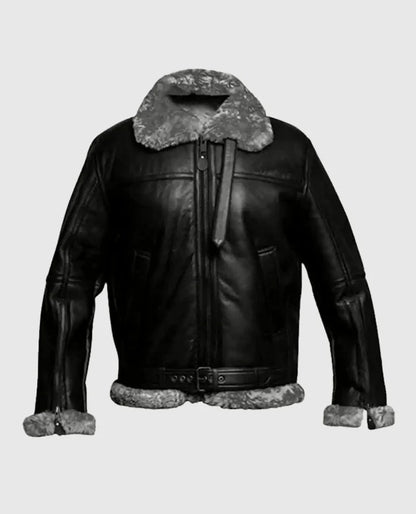 Men's FUR Aviator Flying Pilot Bomber Black Jacket
