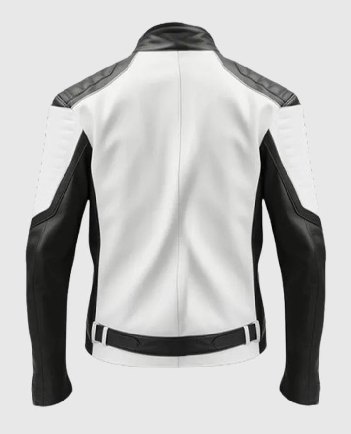 Men's Black White Cafe Racer Leather Jacket