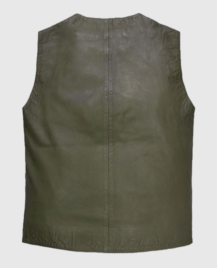 Basicallo Green Washed and Wax Cowboy Leather Vest for Men 