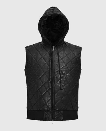 Black Quilted Hooded Leather Vest for Men