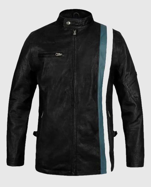 Black Racer Stripe Leather Jacket for Men