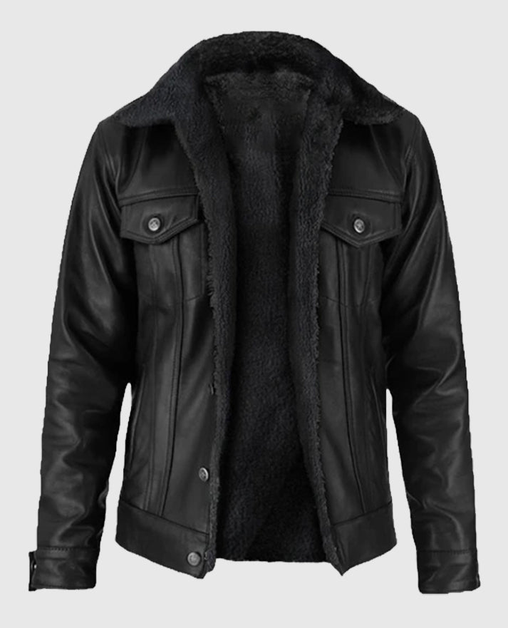 Black Sherpa Leather Jacket For Men