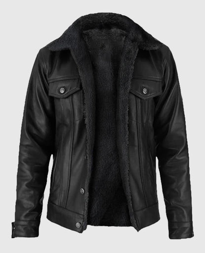 Black Sherpa Leather Jacket For Men