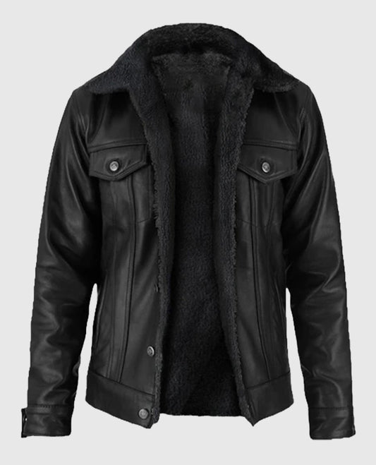 Black Sherpa Leather Jacket For Men