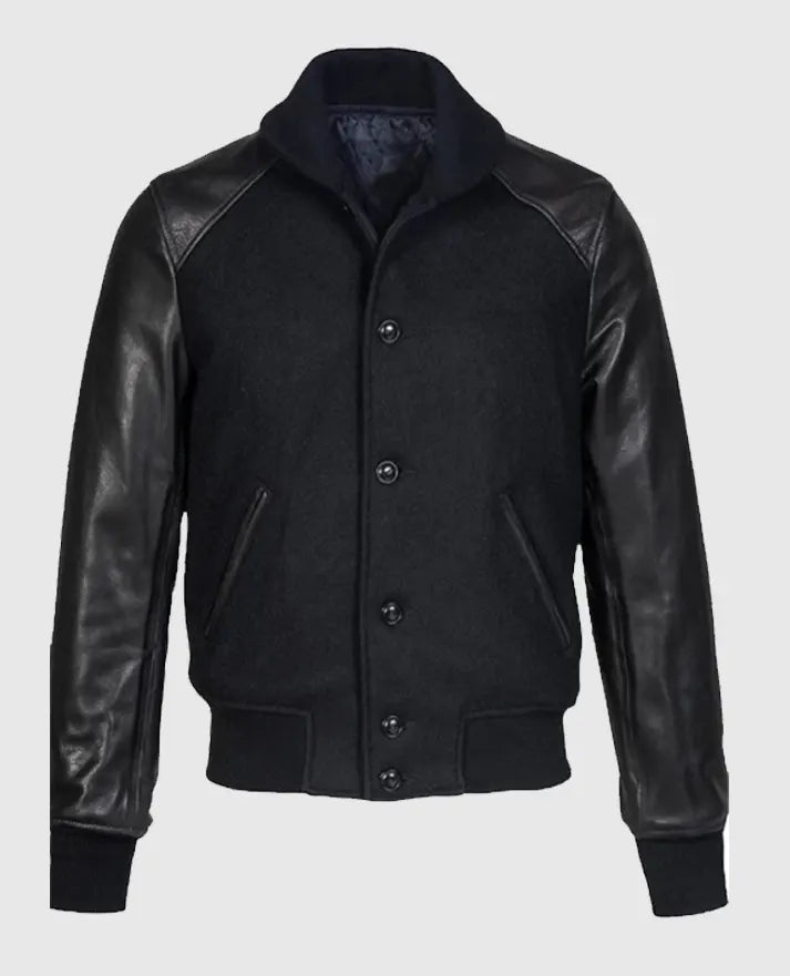 Black Varsity Leather Jacket for Men