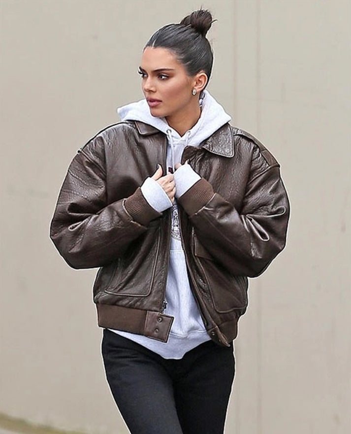Kendall Jenner Brown Leather Bomber Jacket