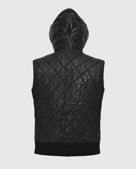 Men Black Quilted Hooded Leather Vest 