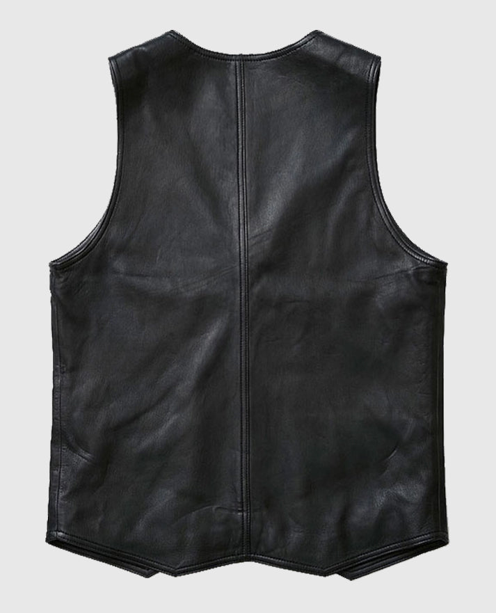 Men's Stylish V-Neck Black Leather Vest - second image