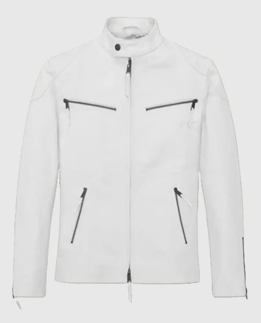 Men's White Cafe Racer White Leather Jacket