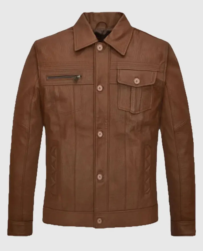 Mens Brown Leather Trucker Jacket
