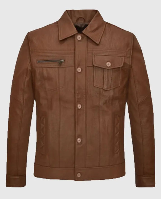 Mens Brown Leather Trucker Jacket